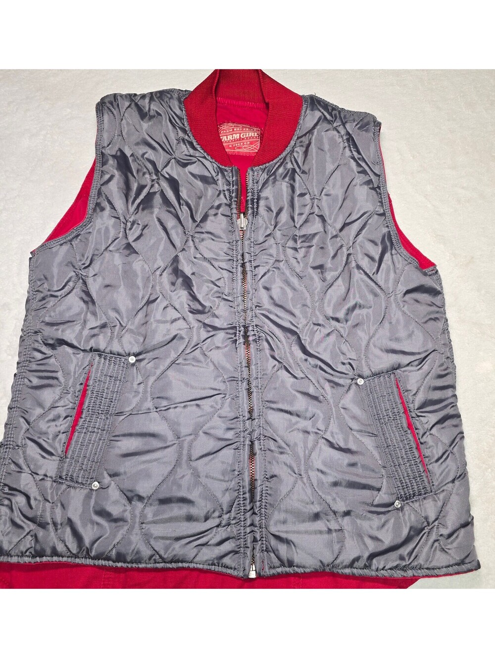 Vtg Farm Girl Brand Reversible Western Quilted Vest Red Grey Cowgirl Large XL